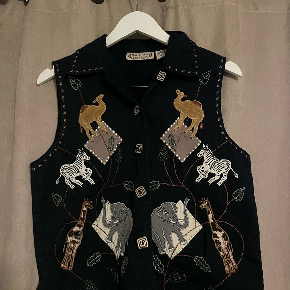 New Directions Vintage Black Embroidered Safari Vest 100% Cotton